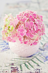 Pink hydrangea flowers in a beautiful vase on a colorful table
