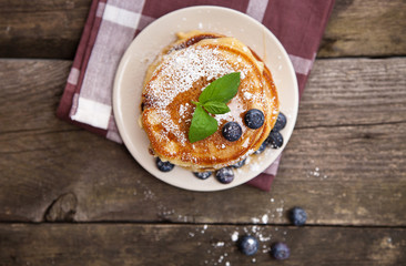 Delicious pancakes with blueberry and mint