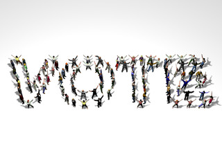 people forming the word vote as a standing formation