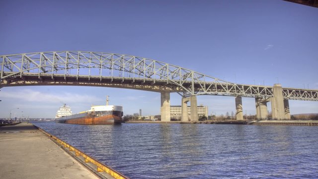 A lake freighter moves past in this timelapse