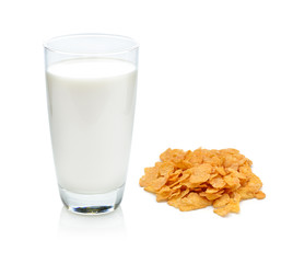 Cornflakes and milk on white background