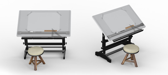 Black metallic drawing table with tools and  stool , clipping pa