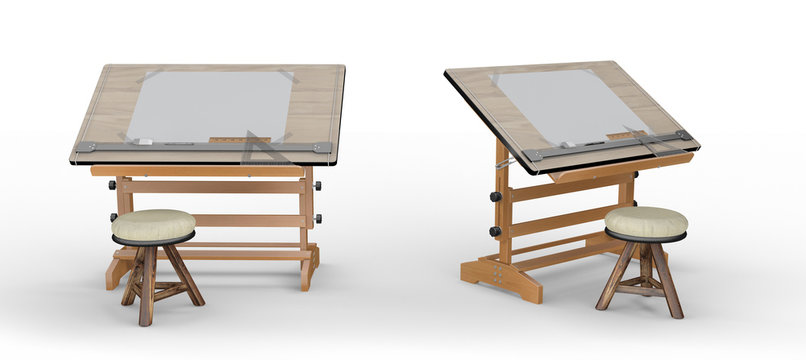 New wooden drawing table with tools and  stool , clipping path i