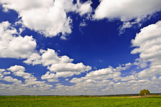 Fototapeta Piękny wiejski krajobraz z białymi chmurami na niebie