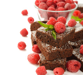 Chocolate brownies with raspberries