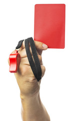 hand Of Soccer Referee Showing Red Card On White Background
