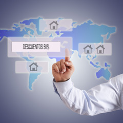 pointing hand button with houses