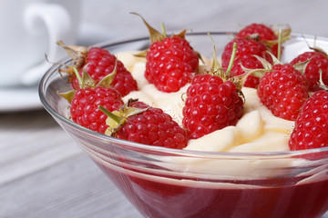 Jelly with raspberries and cream in a glass macro