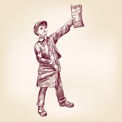 Paperboy selling news papers hand drawn vector llustration