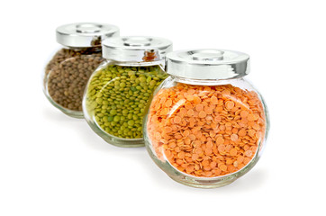 Lentil different in glass jars a row