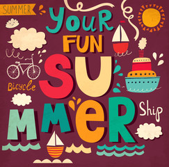 Vector card with funny letters and ships