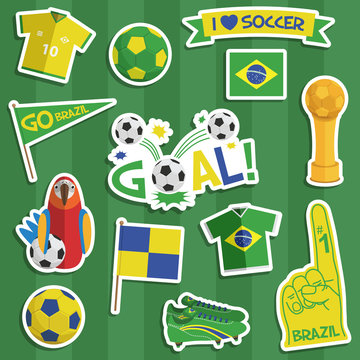 Brazil football stickers vector clipart soccer flag shirt goal ribbons on striped green background