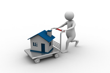 3d man pushing house in trolley