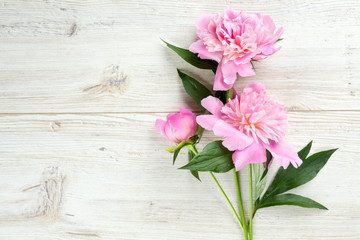 peony flowers on wooden surface