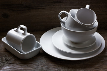 Clean dishes on wooden table