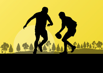 Rugby playing man silhouette in countryside nature background il