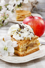 Piece of apple cake with whipped cream