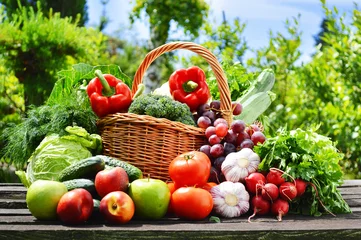 Papier Peint photo autocollant Légumes Légumes biologiques frais dans un panier en osier dans le jardin