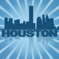 Houston skyline reflected with blue sunburst illustration