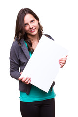 happy young girl holding blank billboard