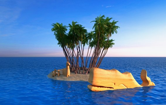 Isola tropicale, vacanza, naufragio, balena, cartoon
