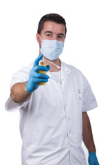 Dentist holding anesthetic spray isolated on white