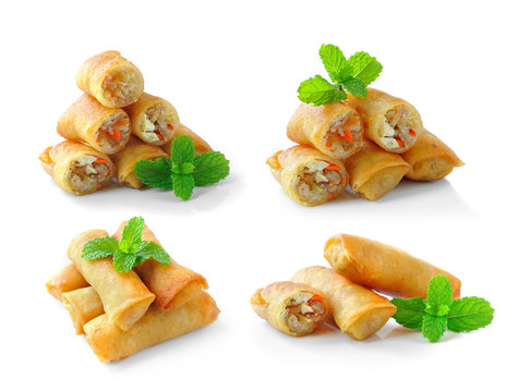 Fototapeta Fried Chinese Traditional Spring rolls food isolated on white ba