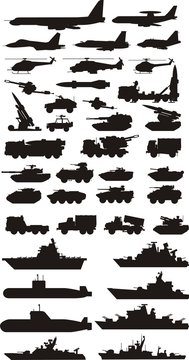 military mashine plane and boats silhouettes