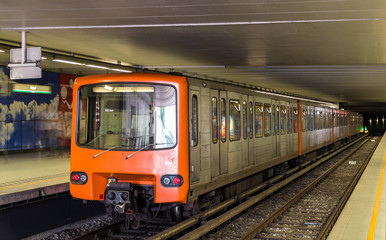 Fototapeta premium Train on Heysel metro station in Brussels, Belgium
