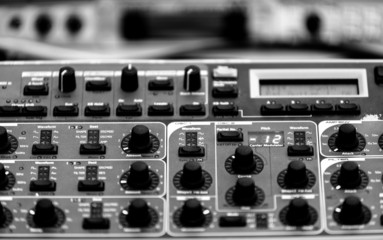 Closeup photo of an audio mixer