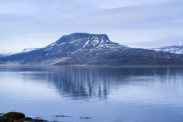 Iceland winter landscape of beautiful mountains covered in snow