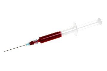 Syringe with blood isolated on white