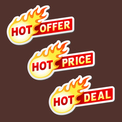 Hot offer, price and deal flame vector sticker badges