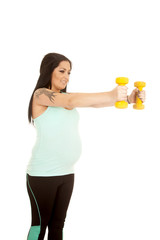 pregnant woman fitness blue hold weights out