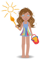 Little cute girl paint sun, vector illustration