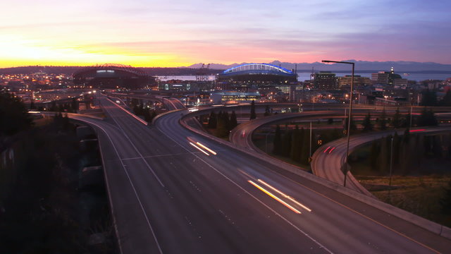 Seattle Freeway Traffic Time Lapse Sunset