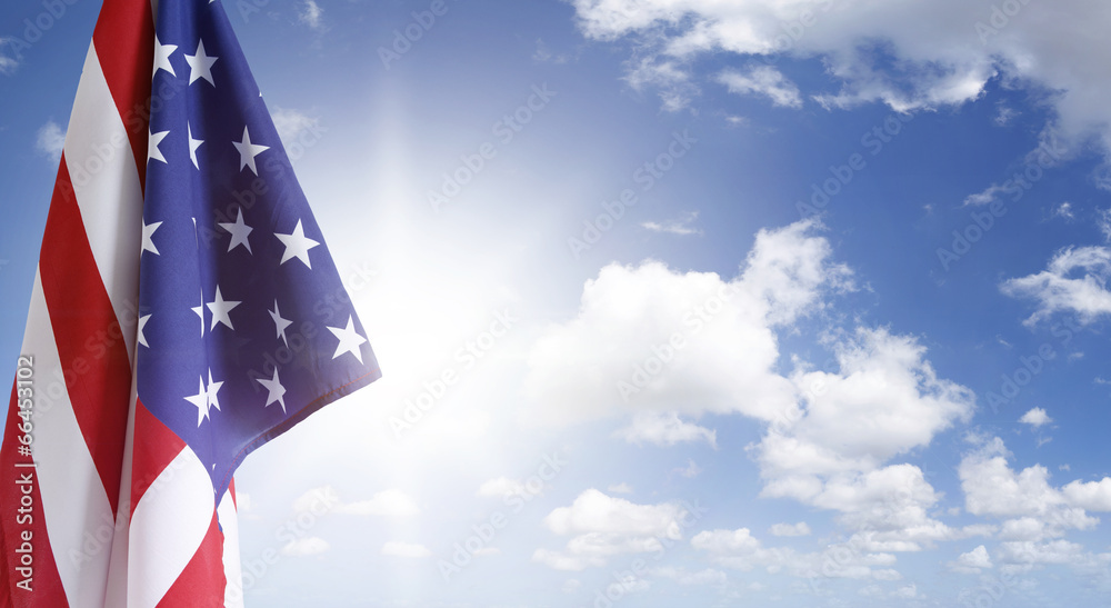 Poster american flag and bright blue sky