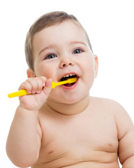 baby cleaning teeth and smiling, isolated on white background