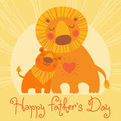 Naklejka premium Happy Father's Day card. Cute lion and cub.