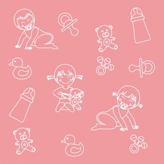 Patrón con motivos infantiles sobre fondo rosa. Ilustración vectorial