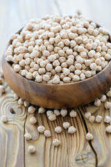 Bowl with raw chickpeas over wooden background, vertical shot
