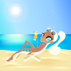 Beautiful girl with a cocktail sunbathing on the beach