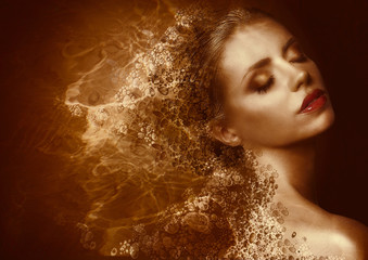 Golden Splatter. Futuristic Woman. Bronzed Painted Skin. Fantasy