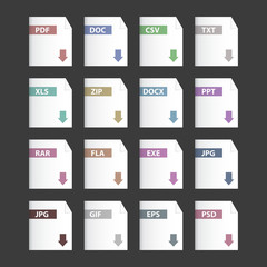 Vector file extensions icons set (pdf, mp3, txt, doc, docx, jpg,