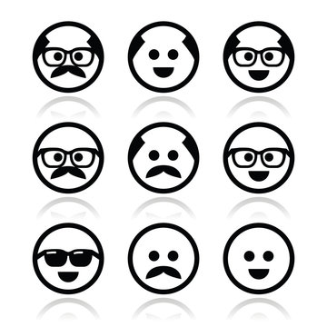 Bald man with mustache and in glasses faces icons set