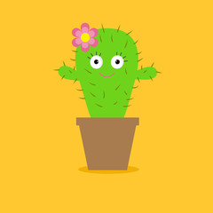 Cute cartoon cactus with eyes and flower in the pot. Flat 
