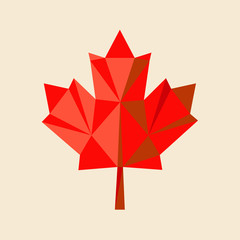 red  maple-leaf by triangles, polygon vector illustration