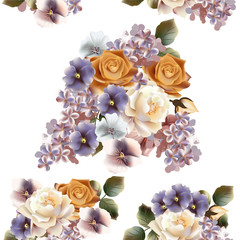 Floral seamless pattern with roses, lilac and violets