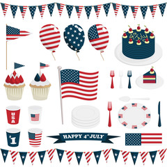 usa stars and stripes flag 4th July decorations vector bunting ballons food clipart design elements isolated on white