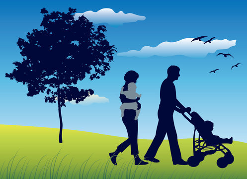 family with children and carriage walking on field, vector
